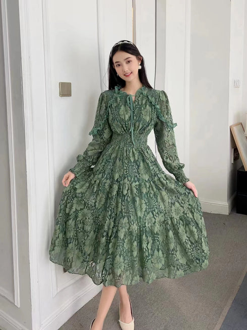 Elegant Jacquard Lace Dress for Women with Sweet Edible Tree Fungus Patchwork